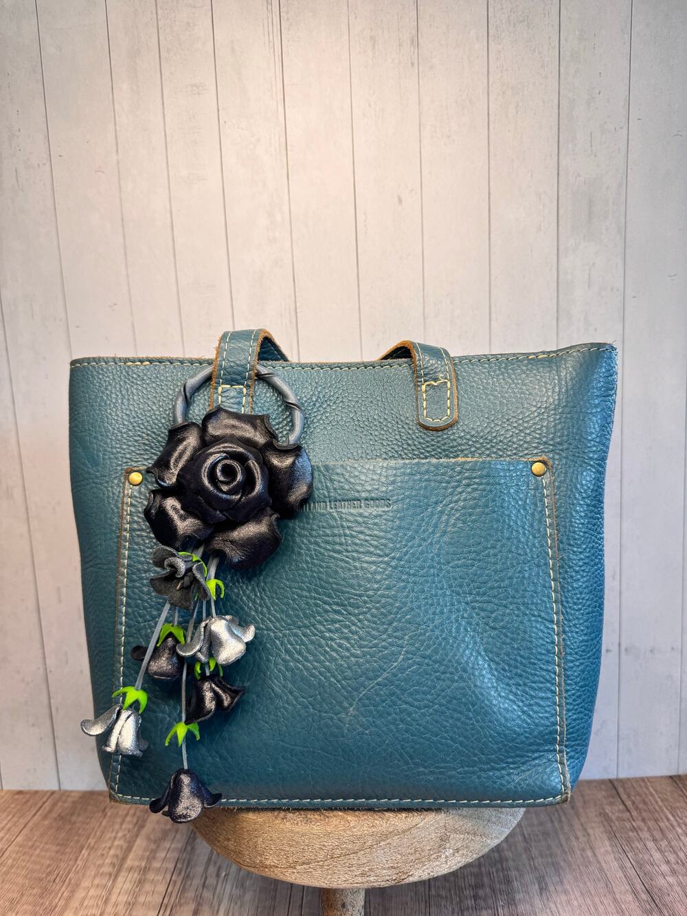 Leather Black Rose Purse Charm Genuine Leather Flower Bag Charm FAST SHIP